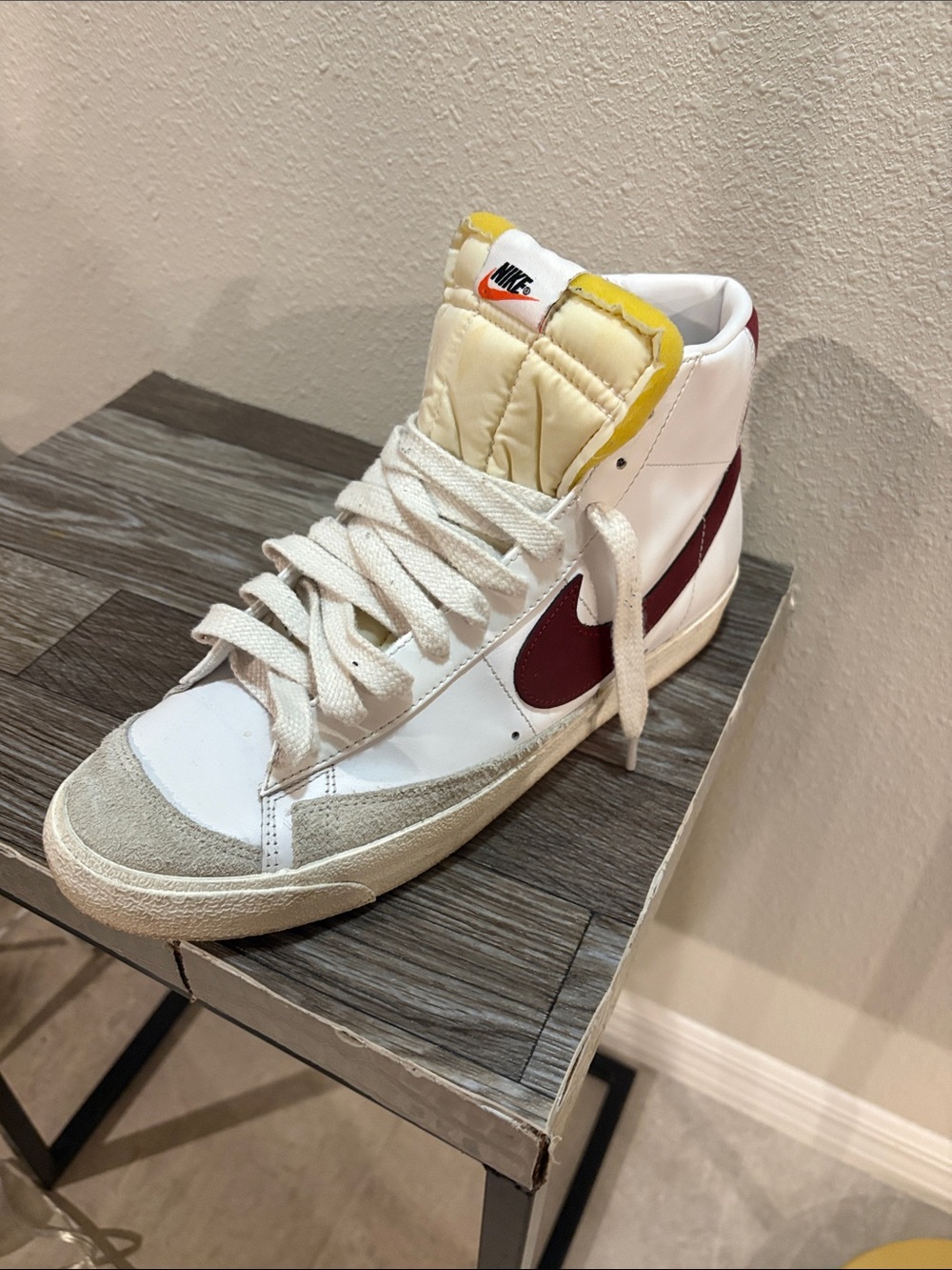 Nike Men’ White and Burgundy High-Top Sneakers with Yellow Tongue Trim